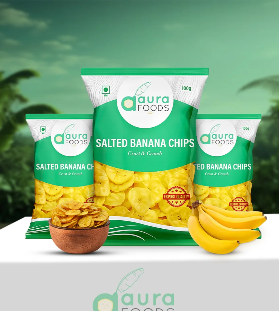 Golden crispy banana chips fried in pure coconut oil