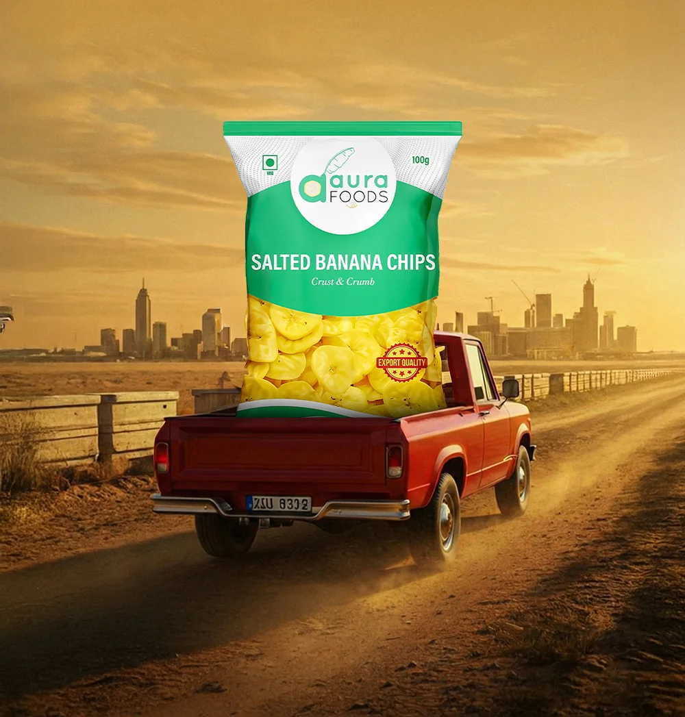 Retail-ready Kerala banana chips in premium export pouches